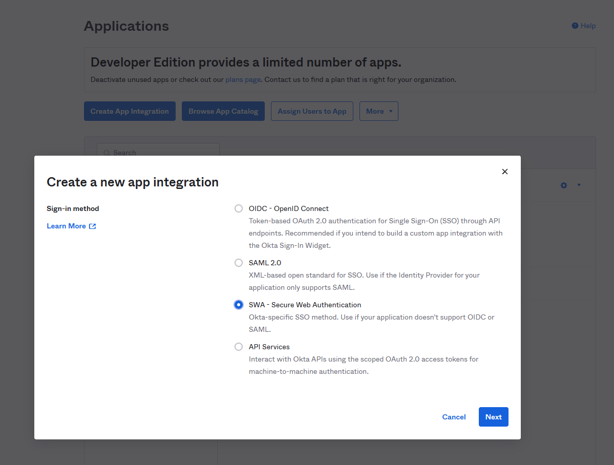 Okta create app