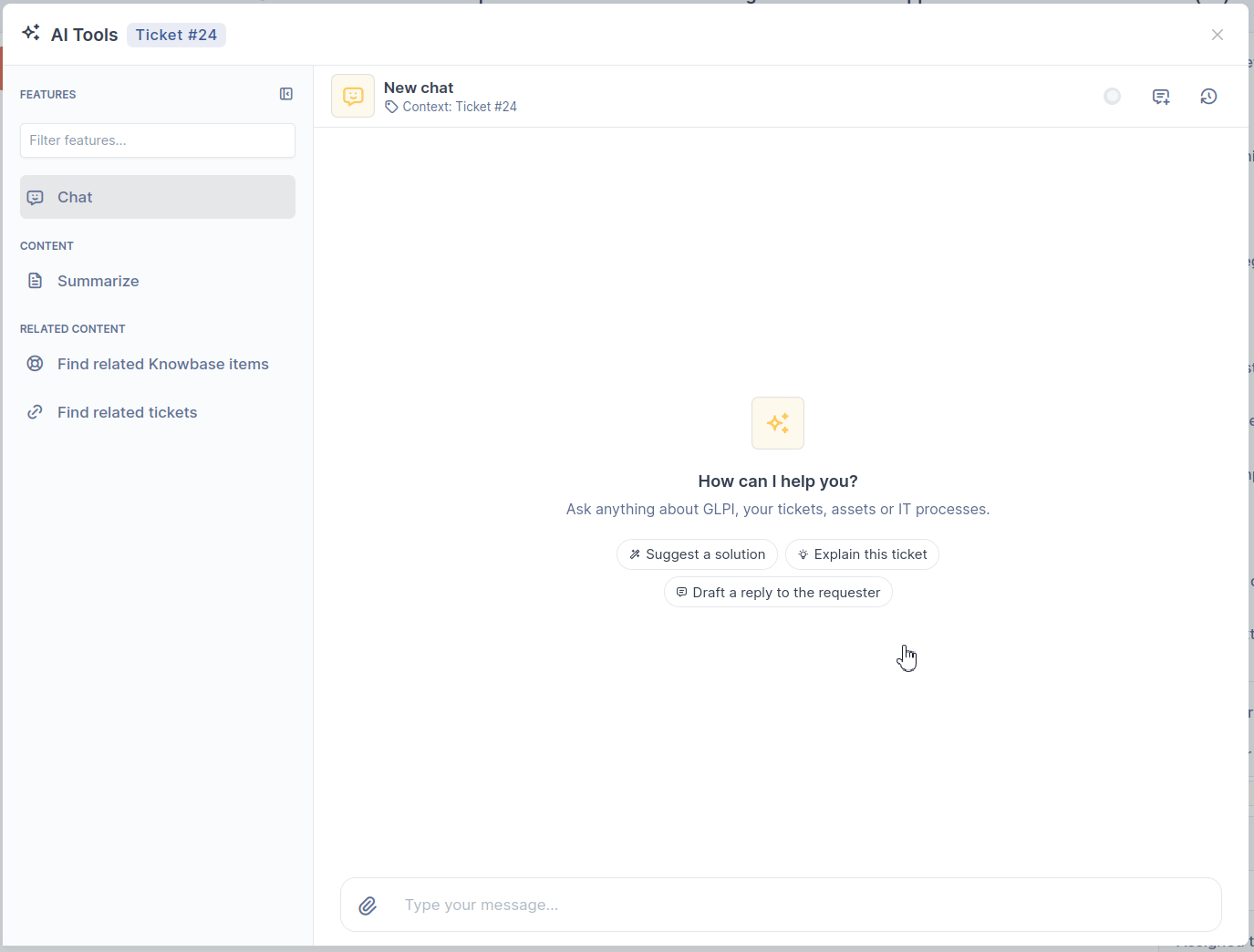 GLPI AI chat assistant on a ticket